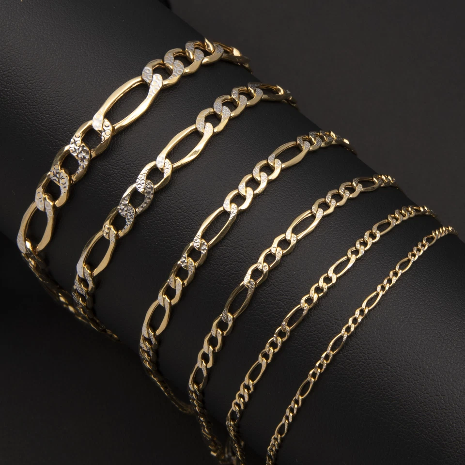 10K Yellow White Gold  Diamond-Cut Figaro Link Chain Anklet All Sizes - Image 3 of 4