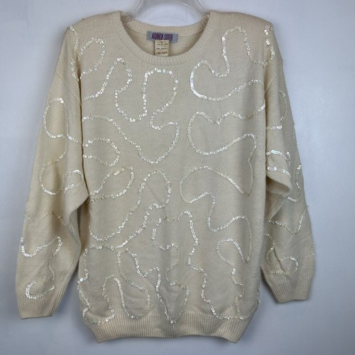 Amanda Smith Sweater Womans M Silk Blend Sequin Ivory Pull Over Vtg New