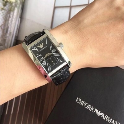 NEU EMPORIO ARMANI HERREN UHR AR0143 RECHTECKIGES SILBERNES GEHÄUSE & SCHWARZES ZIFFERBLATT