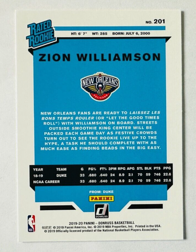 2019-20 Donruss Zion Williamson RC #201 Pelicans Rated Rookie! - Bild 2 von 3
