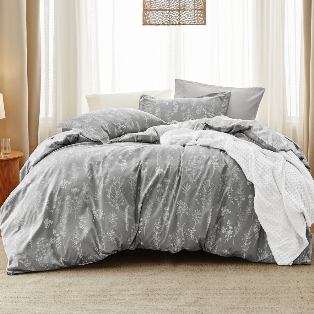 Bedsure Queen Grey Floral Comforter Set for Cozy Bedding