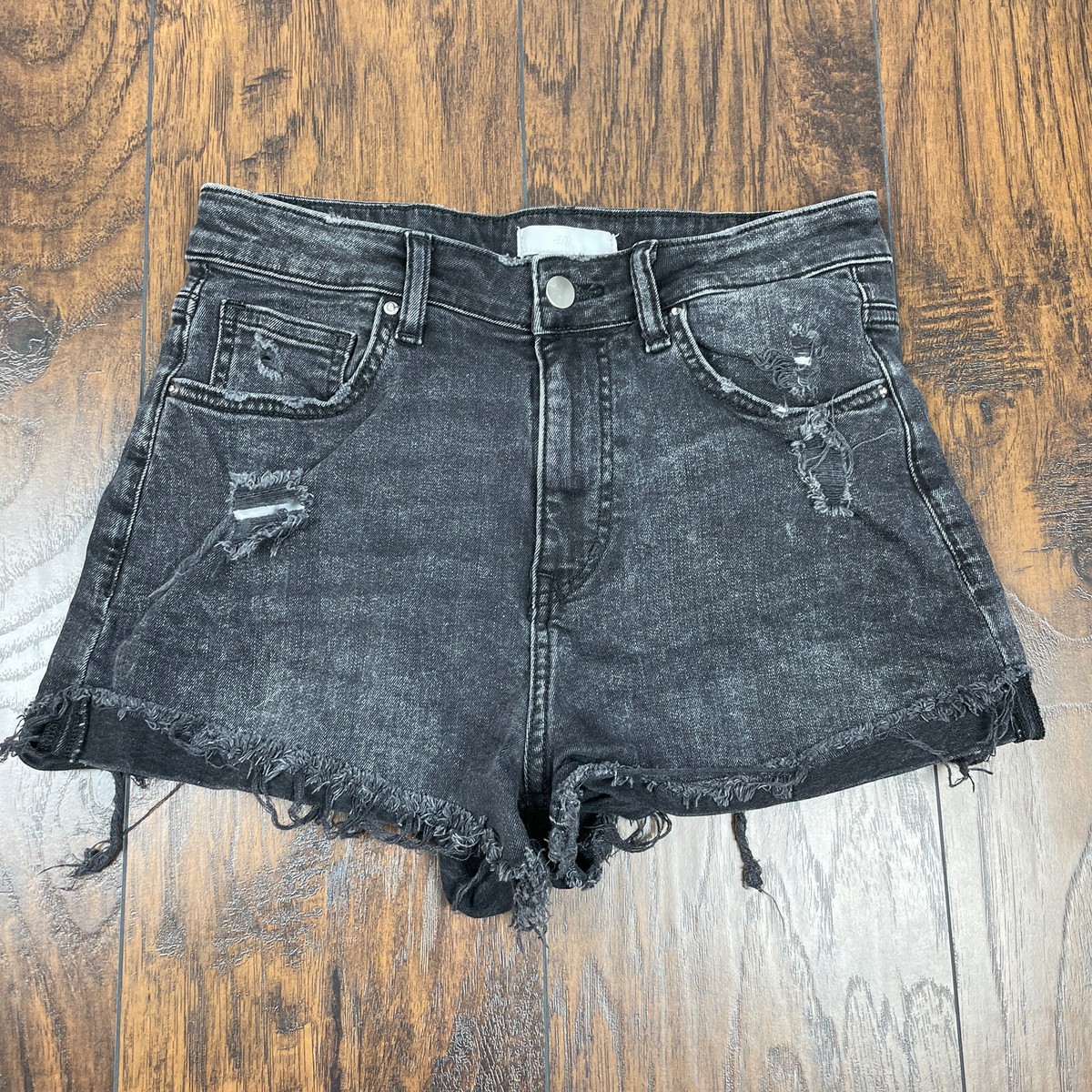 H&M Size Denim Shorts Faded Black High-Rise Cuffed-Hem Stretch