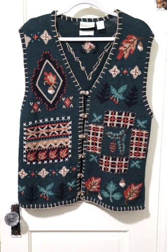 Cabela's Hand Embroidered Button Sweater Vest XL Green Red Beige Autumn Stitch