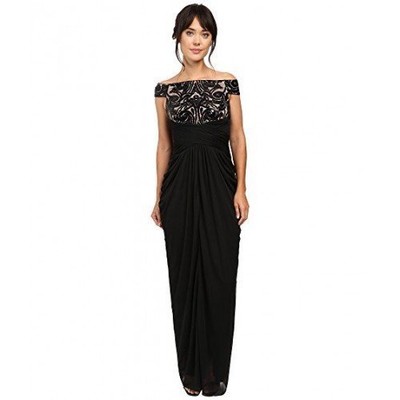 249 Adrianna Papell Black Rose Gold Sequin Off Shoulder Draped