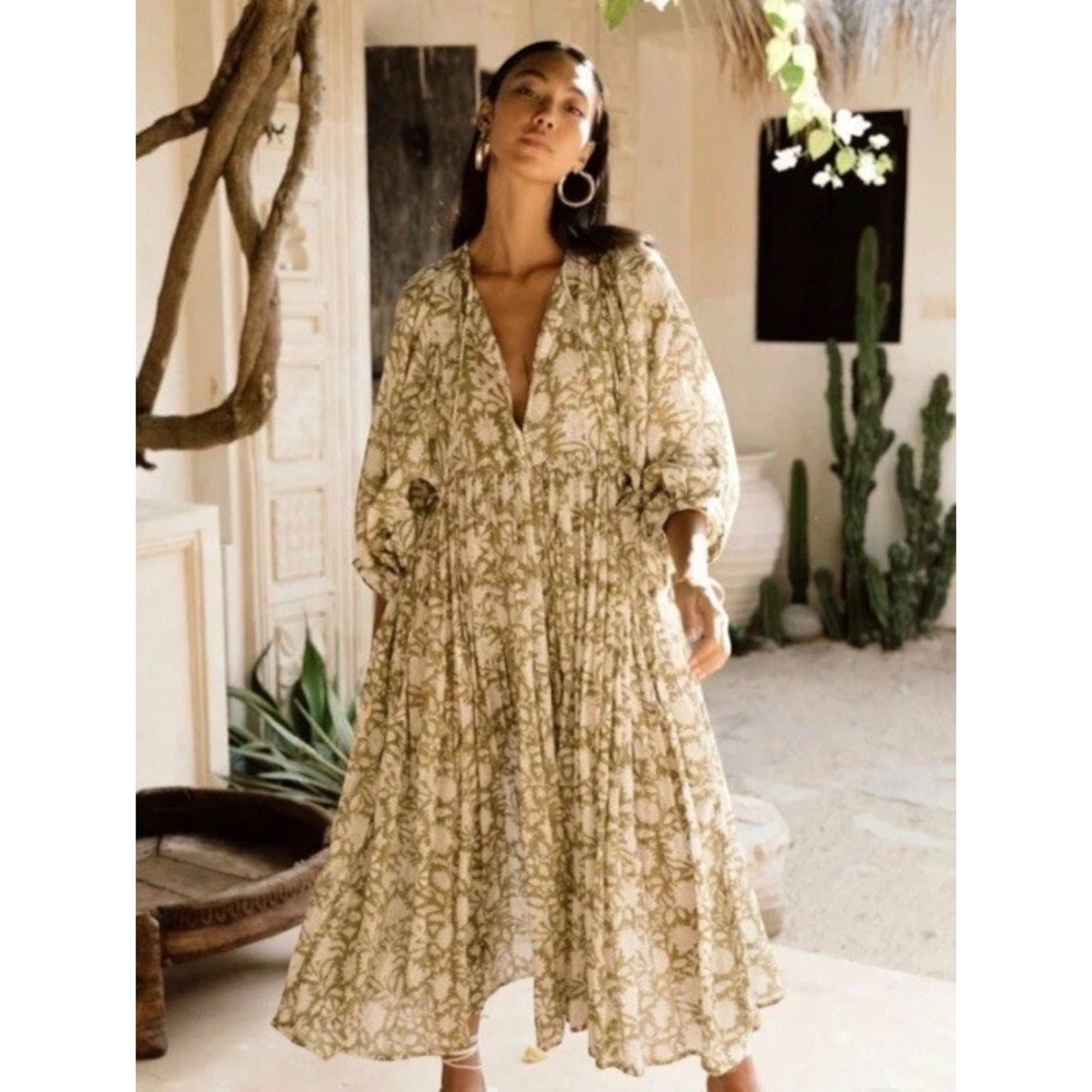 knee length dresses for ladies Kyra Gauze | Midi Dress | Olive Green - Boho Relaxed Fit Cotton main image 1