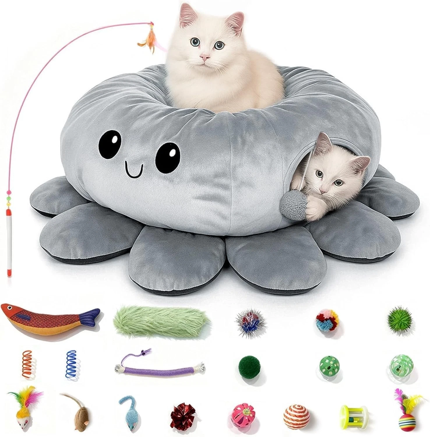 🐱 VIEFIN Cat Tunnel Bed – Peekaboo Cat Cave with 20 Toys (Grey Octopus)