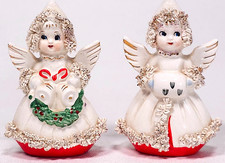 Vtg Commodore Ceramic Angel Salt & Pepper Shakers Set Spaghetti Trim 4" Figurine