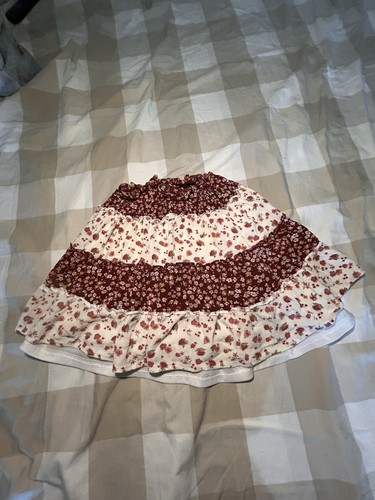 Girls' Ivory Red Floral A-Line Skirt, Ruffle Layered, Elastic Waist, Short