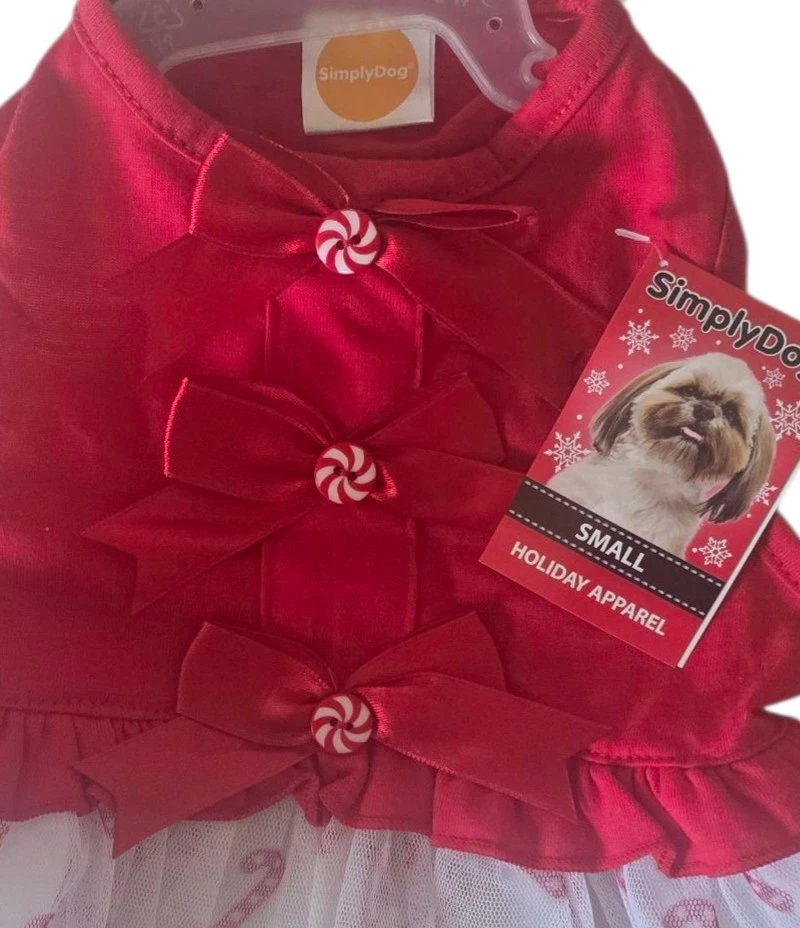 Vestido Simply Dog, Rojo y Blanco Navidad, Arcos, Bastón de Caramelo Falda Cachorro/Perro, Pequeño Foto 2 de 4