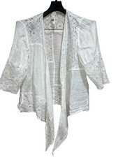 Chicos White Linen Lace Open Front Cardigan Cottagecore Kimono Boho Festival Top