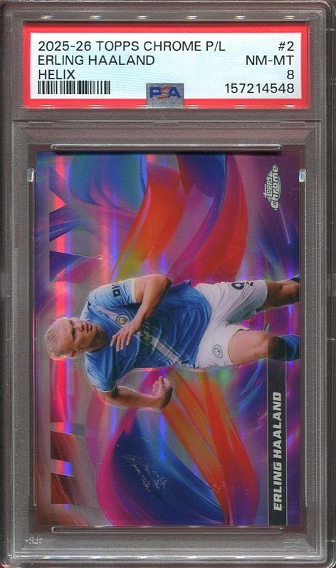 2025-26 Erling Haaland Topps Chrome Premier League HELIX #HX-2 MCFC PSA 8 view 1