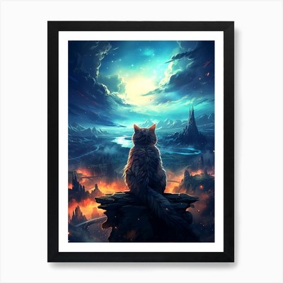 Katze schaut in den Nachthimmel Kunst PR gerahmtes Wandbild Poster Leinwanddruck Bild