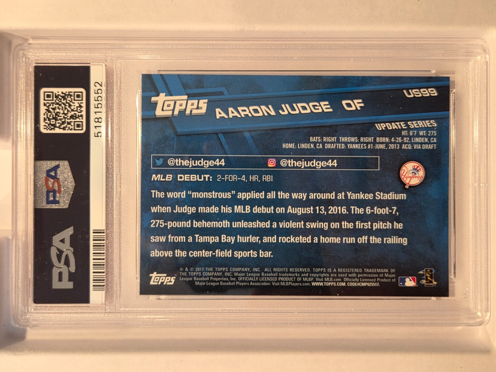 AARON JUDGE 2017 TOPPS UPDATE ROOKIE DEBUT RC #US99 PSA 10 GEM MINT! #51815552 view 2