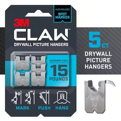 BRANDED 3M CLAW Drywall Picture Hanger Wall Hook 15lb Pack of 5 No Tools Needed