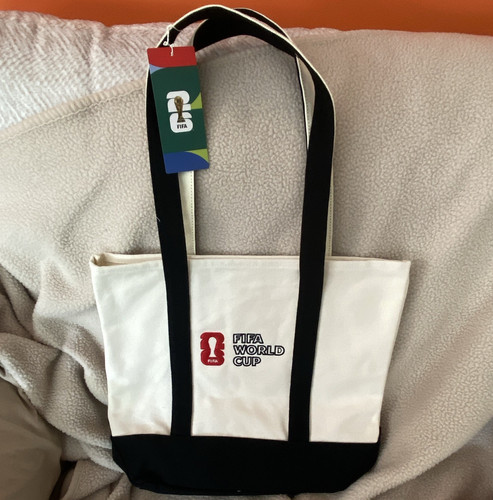 FIFA World Cup Logo Tote Bag White/Black w/ Black Double Handles, Open Top
