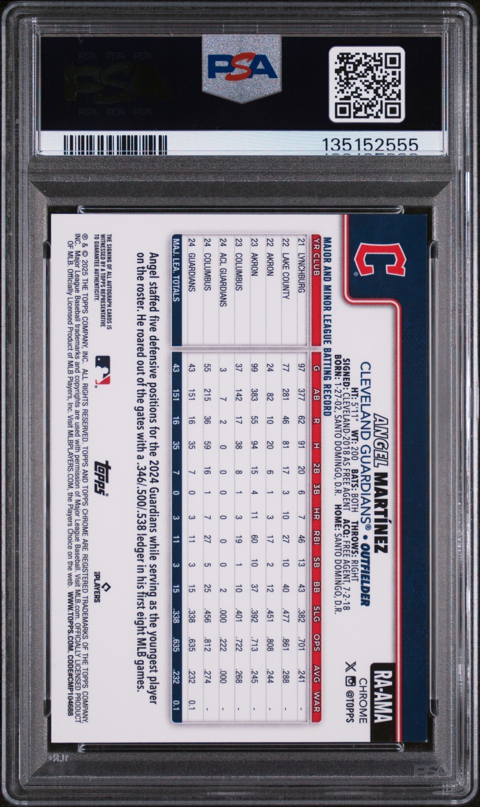 2025 Topps Chrome Logofractor Rookie Auto Angel Martinezr Gold /50 PSA 9 view 2