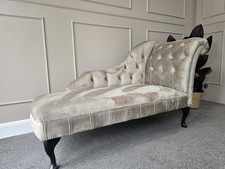 Elegant Tufted Velvet Chaise Lounge Beige with Studded Trim & Curved Legs