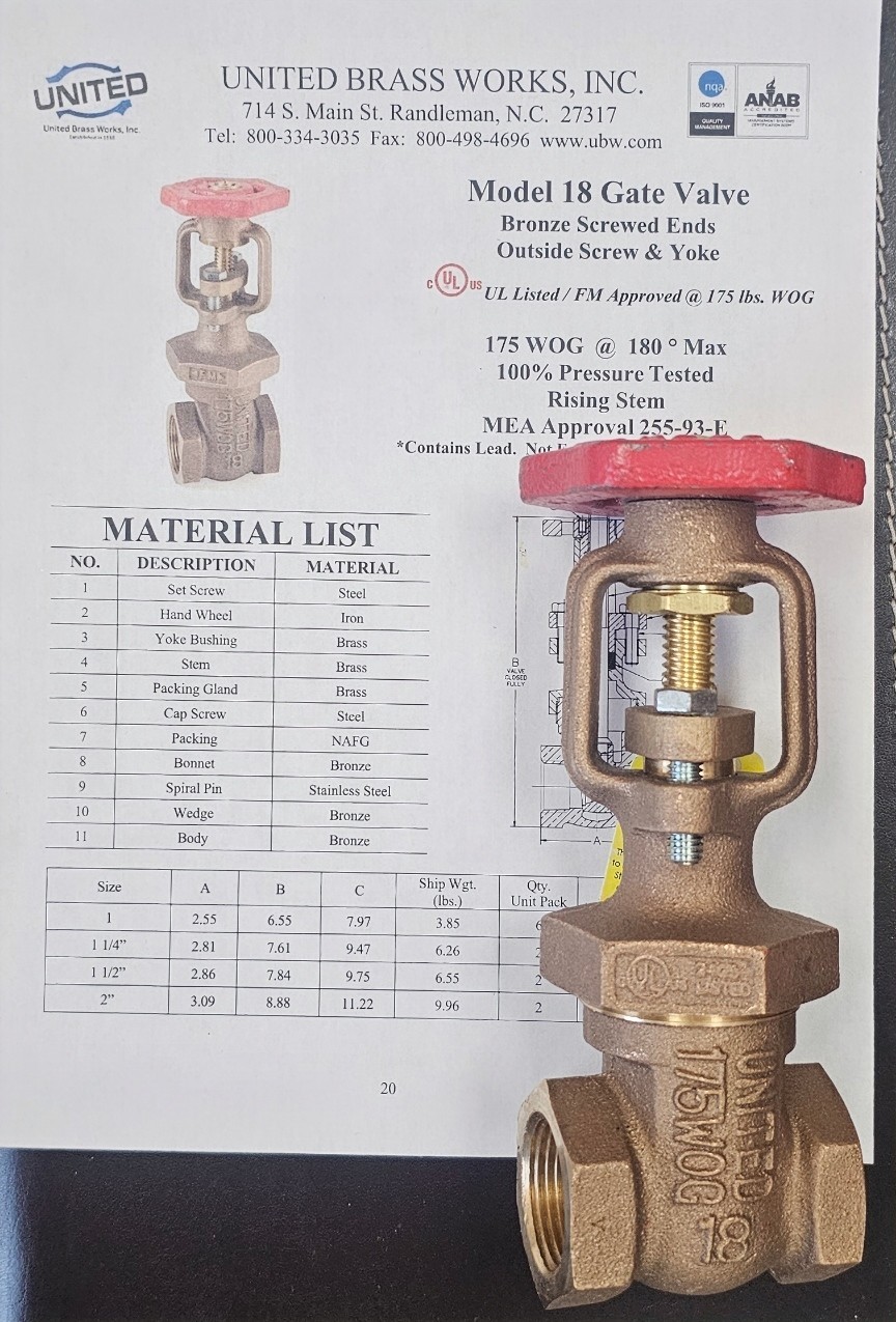 United Brass Works, UBW Model 18 1" Gate Valve