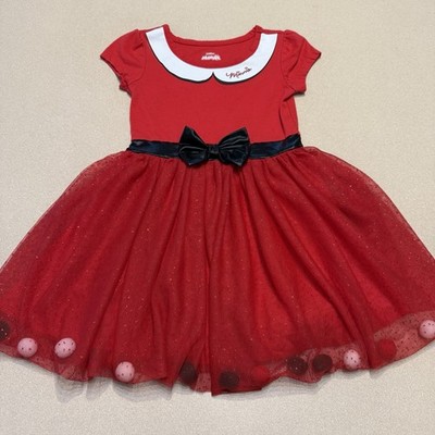 Disney Junior Girls 4T Red Minnie Mouse Tutu Dress w Sparkles & Pom Poms Lined