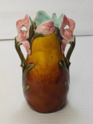 Vintage French Ceramic Majolica Floral Barbotine Vase 6335 Brown Pink Green