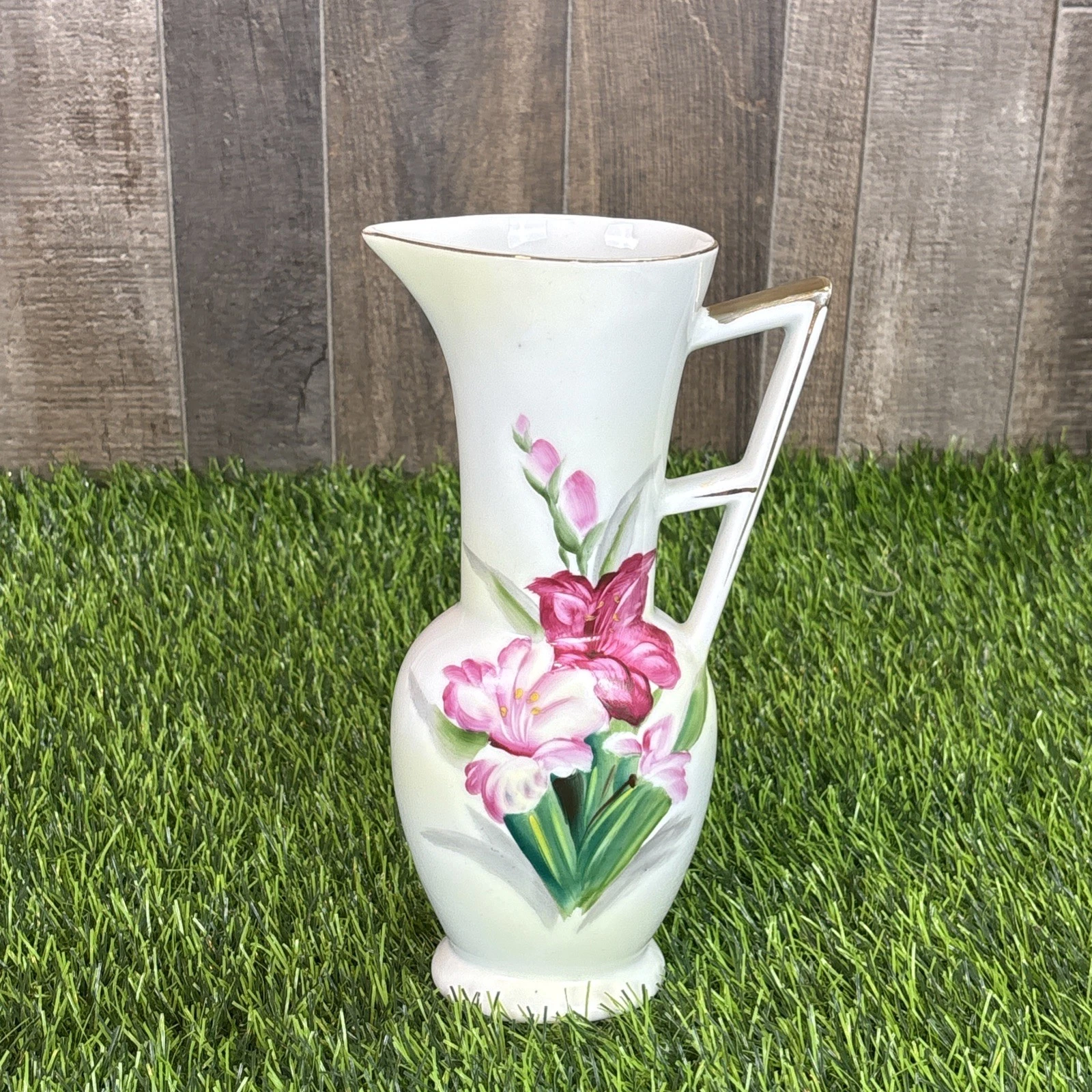 Vintage UOGCO Ceramics Japan Floral Pitcher Vase Gold Trim Mid Century Ewer