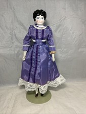 12 Antique China Head Doll, Low Brow, Purple Lavender Dress, Brown Boots
