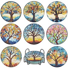 LWZAYS 8 PCS Tree of Life Diamond Art Coasters Kits with Holder 4X4 Inch