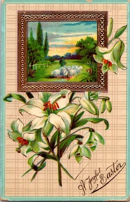 Vintage Easter Postcard 1912 Shepherd Painting Lilies Made in Germany