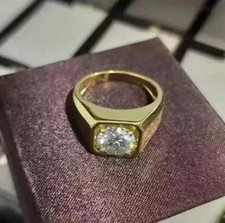 1 CT Round Cut Real Moissanite Men Engagement Gift Ring 14K Yellow Gold Plated