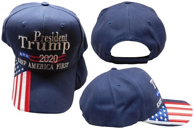President Trump 2020 Keep America First USA Flag On Bill Navy Blue Emb Hat Cap