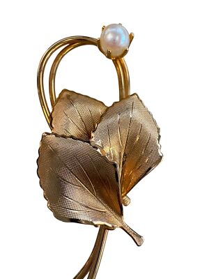 Vintage Leaf Brooch Pin Faux Pearl Retro Cottagecore Stocking Stuffer Christmas