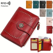 RFID Blocking Women Vintage Real Leather Wallet Credit Card Holder Zipper Pocket