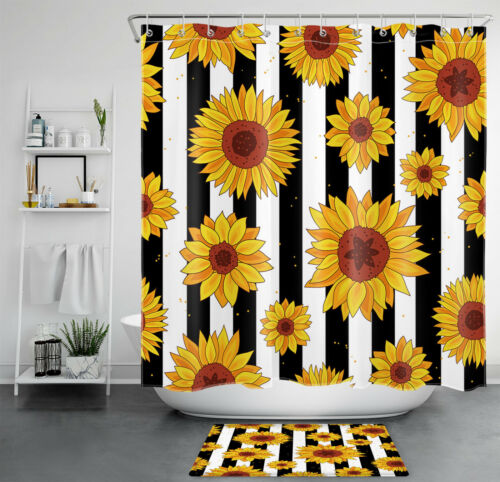 Farmhouse Sunflower Flowers Shower Curtain Black White Stripes Bathroom Decor - Afbeelding 1 van 14
