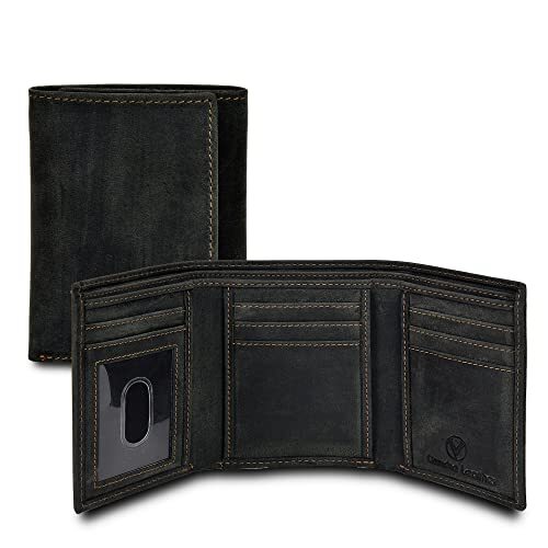 Men's Genuine Leather RFID Blocking Slim Trifold Wallet for Black Oily Hunter