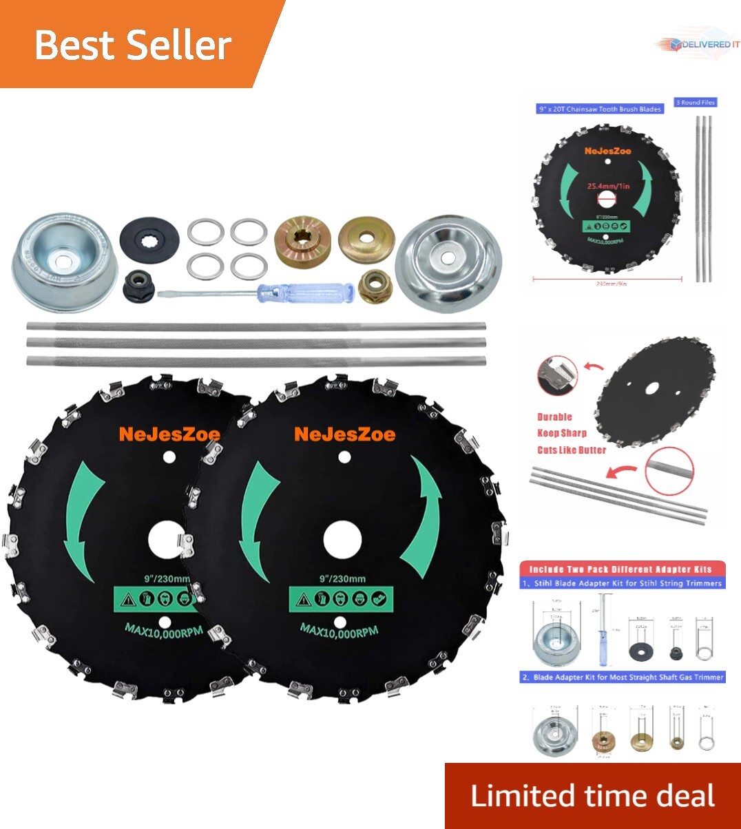 9" 2-Pack Carbon Steel Chainsaw Tooth Brush Cutter Blades with Adapters & Files