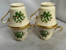 Lenox HOLIDAY Dimension Porcelain 6oz Teacup Set of 4 Gold Trim Green Holly EUC