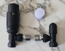 Matt Black Thermostatic Radiator Valves & Lockshield Angled 15mm x 1/2" Pack TC