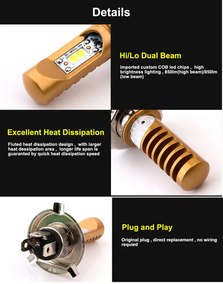 H4 Motorcycle Headlight Bulb Motorbike High Low Beam Fog DRL Light Lamp 6500K - Image 4 of 4