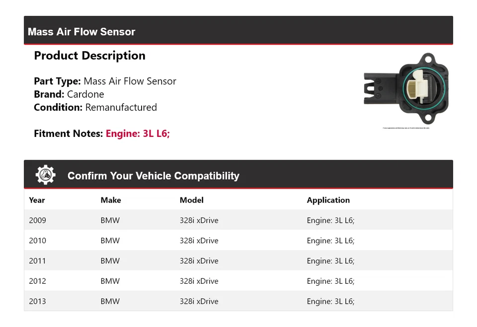 Sensor de flujo de aire de masa Cardone 2010 2011 2012 para BMW 328i xDrive 2009-2013 3L L6 Foto 2 de 4