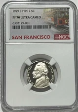 1979 S Type 2 Gem Proof Jefferson Nickel NGC PF70 Ultra Cameo 5c Trolley Label