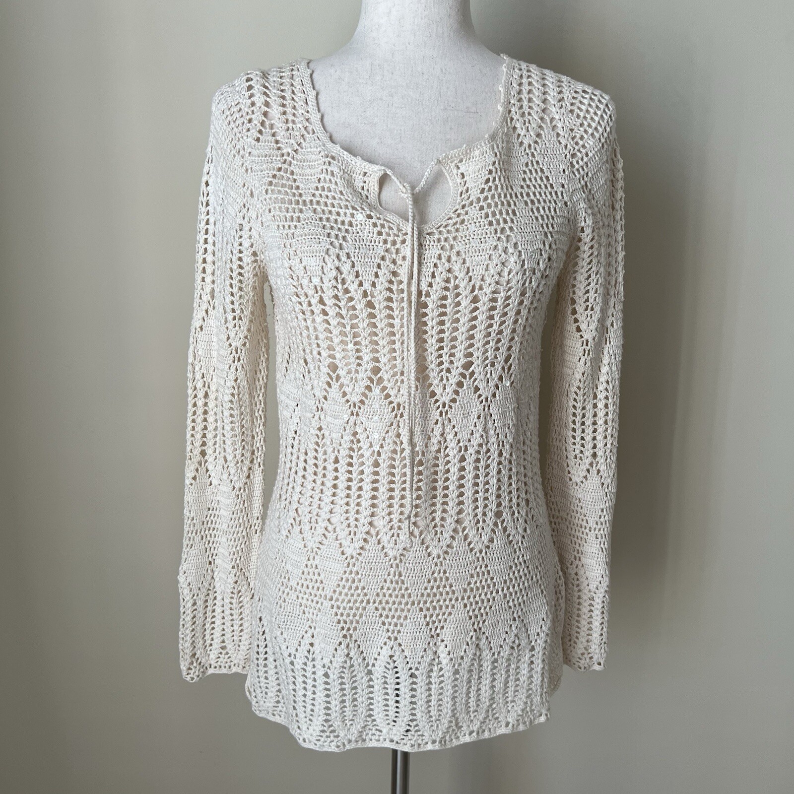 VTG 90s Y2K Crochet Boho Tunic Sweater Coastal Cowgirl Festival Rodeo Sz L Ivory