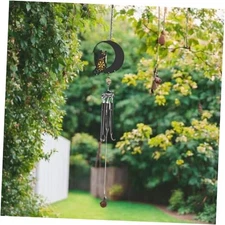  27" Long Cat on Moon with Black Gem Wind Chime Statue Sculpture Ornament 