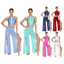 Women Dancewear Sleeveless Outfit Lyrical Set Rhinestones Ballerina Show Dance