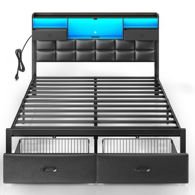 Bed Frame Queen Size with Drawers and Charging Station, Upholstered Platform ...