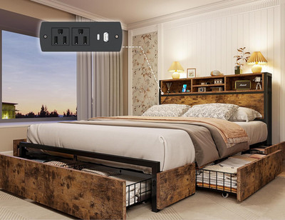 Full Size Bed Frame with 6 Storage Drawers Full Bed Frame with Headboard, with C