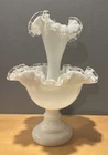 Vintage Fenton Epergne 9.75" White Milk Glass Silver Crest Single-Horn Vase