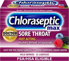 Chloraseptic Max Strength Sore Throat Lozenges, Wild Berries, 15 Count, 1 Pack