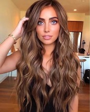 Real Human Hair New Fashion Gorgeous Long Natural Brown Wavy Women's Wigs 24 In