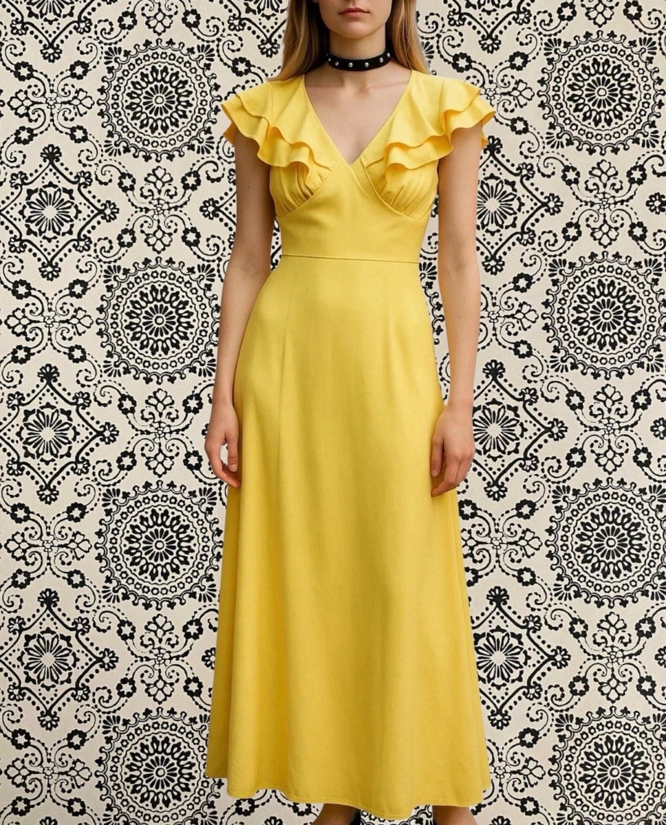 Vintage 60s Dress Maxi Ruffles V Neck Tie Waist Butter Yellow Retro Glam Prom S | eBay UK Vintage 60s Dress Maxi Ruffles V Neck Tie Waist Butter Yellow Retro Glam Prom S | eBay UK