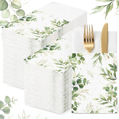 100 Pcs Linen Feel Green Eucalyptus Leaf Napkins Disposable Cloth
